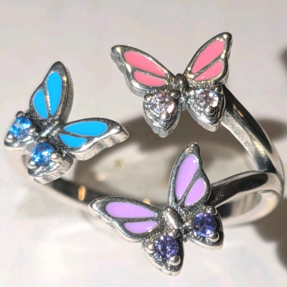 Women's S925 STERLING SILVER TRIPLE Colorful BUTTERFLIES OPEN ADJUSTABLE RING